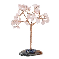 Rose Quartz Natural Rose Quartz Chips Tree Display Decorations, with Brass Wire Wrapped Feng Shui Ornament for Fortune, 112~125x68~85x34~47mm