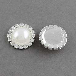 White Shining Flatback Half Round Brass ABS Plastic Imitation Pearl Cabochons, with Grade A Crystal Rhinestones, Silver Color Plated Metal Color, White, 18x6.5mm
