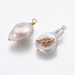 Colorful Natural Cultured Freshwater Pearl Pendants, with Brass Micro Pave Cubic Zirconia Findings, Nuggets with Leaf, Golden, Colorful, 18~24x13~15x8~10mm, Hole: 1.8mm