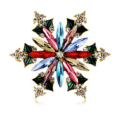 Colorful Christmas Snowflake Enamel Pin with Rhinestone, Antique Golden Alloy Brooch for Backpack Clothes, Colorful, 55x47mm