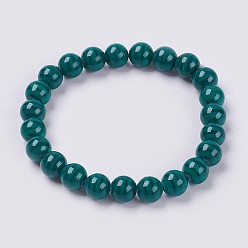 Dark Green Natural Yellow Jade Beaded Stretch Bracelet, Dyed, Round, Dark Green, 2 inch(5cm), Beads: 8mm