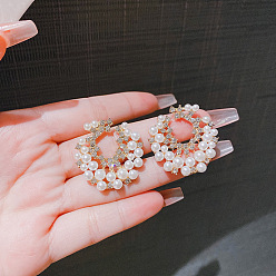 Oro Pendientes de aleación de diamantes de imitación para mujer, rondo, con perlas de plástico, dorado, 30 mm