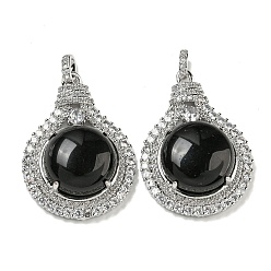 Обсидиан Натуральный обсидиан с подвесками из прозрачного кубического циркония, подвески для лампочек со стойкой, латунные фурнитуры, платина, без кадмия и без свинца, 35x25x8.8~9.6 мм, отверстие : 2.8x3.9 мм