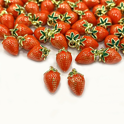 Оранжево-Красный Латунь эмаль прелести, долговечный, с целью перехода в кольце, клубника формы, реальный 18 k позолоченный, оранжево-красный, 11.5x7.5x7 мм