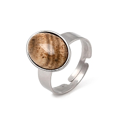 Picture Jasper Adjustable 304 Stainless Steel Finger Rings for Women, with Natural Picture Jasper, Oval, Stainless Steel Color, 17mm