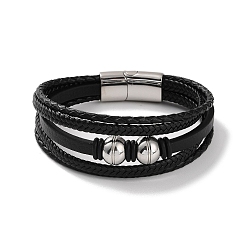 Stainless Steel Color Men's Braided Black PU Leather Cord Multi-Strand Bracelets, Round 304 Stainless Steel Link Bracelets with Magnetic Clasps, Stainless Steel Color, 8-1/2 inch(21.5cm)