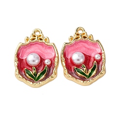 Камелия Подвески из эмалевого сплава легкого золота, с ABS имитации жемчуга, , стойки покрытие, камелия, 28x19x6 мм, отверстие : 1.8 мм
