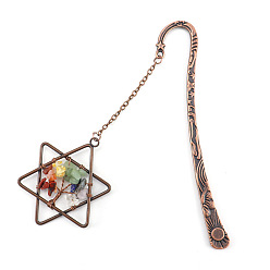 Coal Quartz Natural Gemstone Chip Beaded Tree of Life in Star of David Pendant Bookmark, Red Copper Plated Alloy Hook Bookmark, 120mm