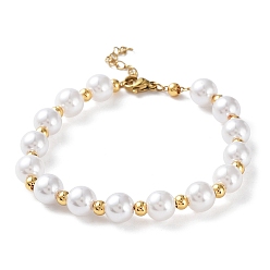 Golden Plastic Pearl Round Beaded Bracelet, with Vacuum Plating 304 Stainless Steel Clasp, Golden, 7-1/8 inch(18cm)