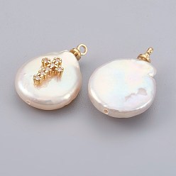 Real 18K Gold Plated Natural Cultured Freshwater Pearl Pendants, with Cubic Zirconia and Brass Findings, Long-Lasting Plated, Cross, Real 18K Gold Plated, 14~21x9~16x5~9mm, Hole: 1.5mm
