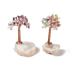 Mixed Stone Natural Gemstone Chips and Natural Quartz Crystal Pedestal Display Decorations, with Rose Gold Plated Brass Wires, Lucky Tree, 57~86x59~69x95~110mm