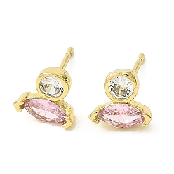 Pink Real 18K Gold Plated Brass Horse Eye Stud Earrings, with Cubic Zirconia, Long-Lasting Plated, Lead Free & Cadmium Free, Pink, 7x6.5mm