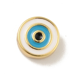 White Brass Beads, with Enamel, Cadmium Free & Lead Free, Long-Lasting Plated, Flat Round with Evil Eye, Real 18K Gold Plated , White, 10x4mm, Hole: 1.2mm