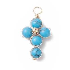 Synthetic Turquoise Synthetic Turquoise Copper Wire Wrapped Pendants, Religion Cross Charms, with Brass Beads, Light Gold, 29.5~30x16.5~17x6.5~7mm, Hole: 3.5~4mm