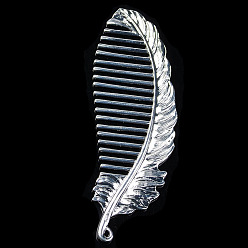 Silver Rack Plating Alloy Hair Combs Findings, Feather, Silver, 124x42mm
