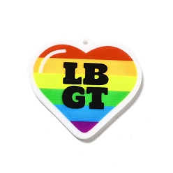Heart Pride Style Printed Acrylic Rainbow Pendants, Word LBGT, Heart Pattern, 35x38x2.5mm, Hole: 1.6mm