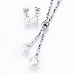 Stainless Steel Color 304 Stainless Steel Jewelry Sets, Slider Necklaces and Stud Earrings, with Acrylic Imitation Pearl, Round, Stainless Steel Color, Necklace: 23.62 inch(60cm), 2mm, Earrings: 20x8mm, Pin: 0.8mm