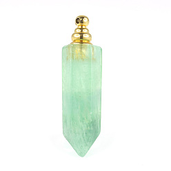 Fluorite Natural Fluorite Openable Perfume Bottle Pendants, Faceted Pointed Bullet Perfume Bottle Charms with Golden Plated Metal Cap, 44x12mm