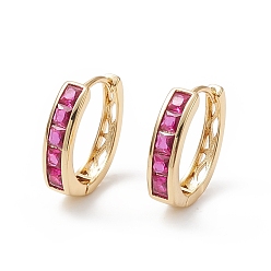 Hot Pink Cubic Zirconia Rectangle Hoop Earrings, Real 18K Gold Plated Brass Jewelry for Women, Cadmium Free & Nickel Free & Lead Free, Hot Pink, 17.5x15.5x4.5mm, Pin: 0.9mm