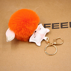 orange Fox Plush Leather Keychain with Fox Head Toy and Pom-Pom Backpack Pendant