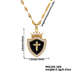 Черный Модные хип-хоп латунные прозрачные кубические цирконии щит крест корона кулон ожерелья, с эмалью, идеально подходит для ежедневных вечеринок, золотые, чёрные, 15.75 дюйм (40 см)