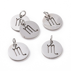 Scorpio 304 Stainless Steel Charms, Flat Round with Constellation/Zodiac Sign, Scorpio, 12x1mm, Hole: 3mm