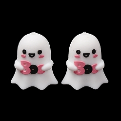 Ghost Halloween-Silikon-Fokalperlen, Geist hält Buh-Schild, 28.5x25x15.5 mm, Bohrung: 3 mm