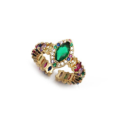 CR0410YS Green Регулируемое медное кольцо с микроинкрустацией зеленым цирконом и каплей воды, разноцветным камнем циркона