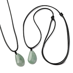 Зеленый Авантюрин Натуральный зеленый авантюрин подвеска-слеза черный вощеный шнур регулируемые ожерелья, 14.96~29.53 дюйм (38~75 см)