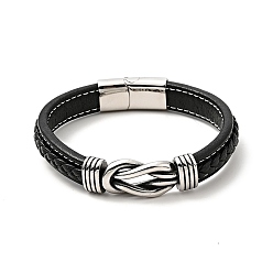 Black 304 Stainless Steel Knot Link Bracelet with Magnetic Clasp, Gothic Bracelet with Microfiber Leather Cord for Men Women, Black, 8-7/8 inch(22.5cm)