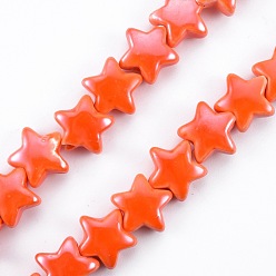 Coral Handmade Porcelain Bead Strands, Pearlized, Star, Coral, 14x15x7mm, Hole: 2mm, about 24~27pcs/strand, 10.63 inch~12.6 inch(27~32cm)