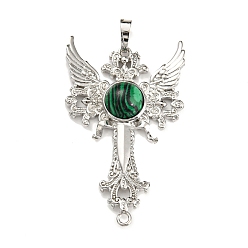 Malachite Synthetic Malachite Big Pendants, Cross with Wing Charms, with Platinum Plated Brass Findings, 52.5x32x7~7.5mm, Hole: 4x8mm & 2mm