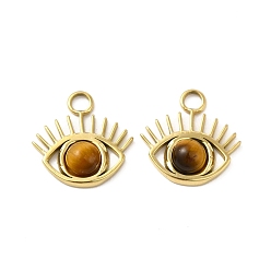 Tiger Eye Natural Tiger Eye Stone Eye Charms, with Vacuum Plating Real 18K Gold Plated 201 Stainless Steel Findings, 15x14.5x3.5mm, Hole: 2.5mm