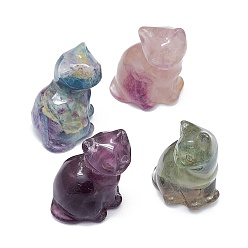 Fluorite Natural Fluorite Sculpture Display Decorations, for Home Office Desk, Cat, 18~19x23~23.5x29~30.5mm