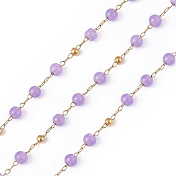 Dark Orchid Dyed Natural Jade Round Beaded Chain, with Golden 304 Stainless Steel Satellite Chains, Unwelded, with Spool, Dark Orchid, 2.5x1x0.3mm, 5x4mm, 3mm, about 32.81 Feet(10m)/Roll