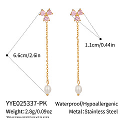 Pink 304 серьги-гвоздики с кисточками из нержавеющей стали с кубическим цирконием, с имитацией жемчуга, реальный 18 k позолоченный, розовые, 66x11 мм