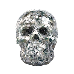 Moss Agate Resin Skull Display Decoration, with Natural Moss Agate Chips inside Statues for Home Office Decorations, 73x100x75mm