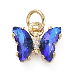 Blue Brass Micro Pave Clear Cubic Zirconia Pendant, with Glass, Butterfly, Golden, Blue, 18mm