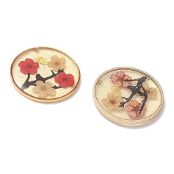 Red Plating Brass & Transparent Epoxy Resin & Dried Flower Pendants, Flat Round with Flower & Butterfly Pattern Charm, with Glitter Powder, Red, 30x3mm, Hole: 1.1mm