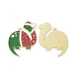 Light Gold Christmas Theme Rack Plating Alloy Enamel Pendants, with Glitter Powder, Dinosaur with Hat Charms, Light Gold, 37.5x30.5x1.5mm, Hole: 1.6mm