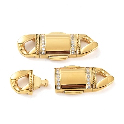 Plaqué 24K Or Véritable Placage ionique (ip) 304 fermoirs à baïonnette en acier inoxydable, avec micro pavé zircons clairs, plaqué longue durée, ovale, réel 24 k plaqué or, 40x15.5x5mm, Trou: 5x5mm