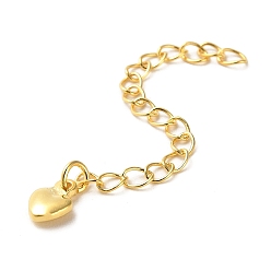 Real 18K Gold Plated Rack Plating Brass Curb Chain Extender, End Chains with Heart Drop, Real 18K Gold Plated, 58mm