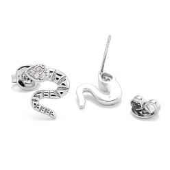 Платина Серьги-гвоздики из латунного микро-паве, с уха орехов, долговечный, змея, платина, 12.5x10x3 мм, штифты : 0.8 мм