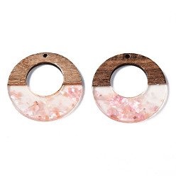 Pink Transparent Resin & Walnut Wood Pendants, with Shell Chips, Two Tone, Donut, Pink, 38x3mm, Hole: 2mm