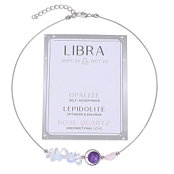Lepidolite Natural & Synthetic Mixed Gemstone Chips & Round Beaded Pendant Necklaces, Constellation Style Necklace with Platinum Brass Chains, 16.14~19.69 inch(41~50cm)