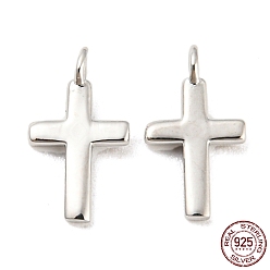 Real Platinum Plated Rhodium Plated 925 Sterling Silver Charms, with Jump Rings, Cross, with S925 Stamp, Real Platinum Plated, 10x5.5x2mm, Hole: 1.2mm