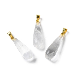 Cristal de Quartz Pendentifs en forme de larme en cristal de quartz naturel, cristal de roche, avec placage ionique (ip) en laiton plaqué or, 26.5x7.5mm, Trou: 4.3x3.5mm
