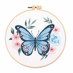 Steel Blue Insect Butterfly DIY Embroidery Kits, Including Printed Fabric, Embroidery Thread & Needles, Embroidery Hoop, Steel Blue, 200mm