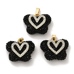 Black Butterfly with Heart Shape Resin & Rhinestone Pendant, with Rack Plating Golden Brass Findings, Long-Lasting Plated, Black, 21x24x10mm, Hole: 6x3mm