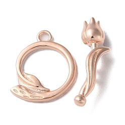 Rose Gold 925 Sterling Silver Toggle Clasps, Long-Lasting Plated, Flower with 925 Stamp, Rose Gold, Ring: 14x12x1mm, Hole: 1.5mm, Flower: 17.5x4.5x5.5mm, Hole: 1.4mm